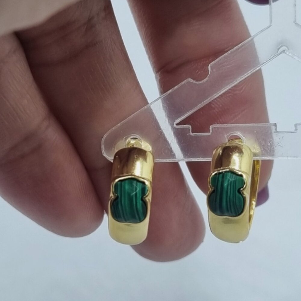 Tous Small Silver Vermeil and Malachite Icon Color Hoop Earrings